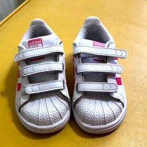 Toddler Adidas with pink stripes. Size 6.5